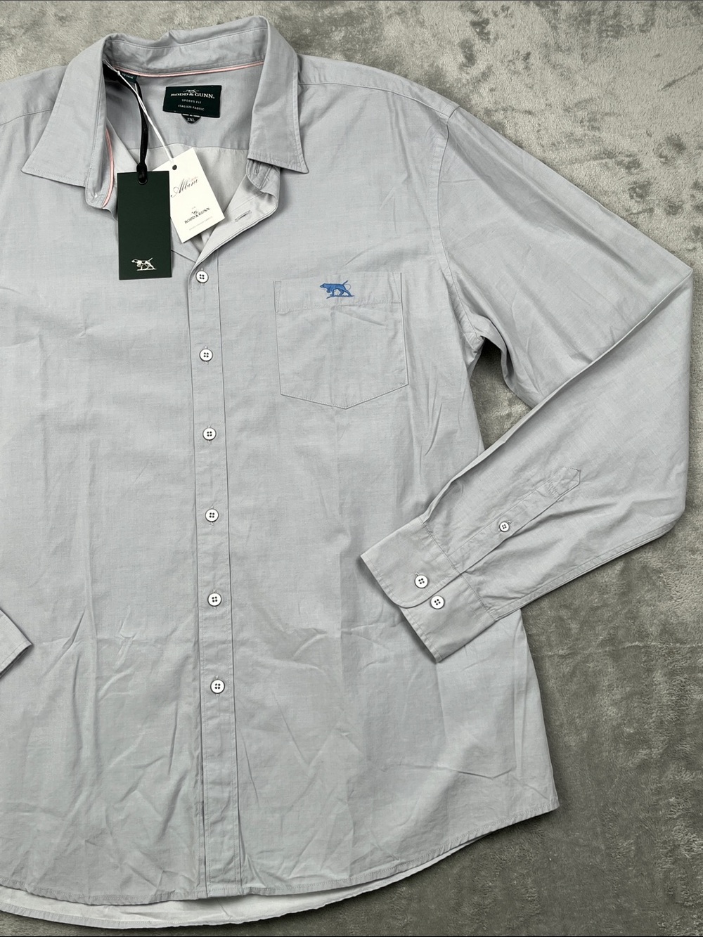 NEW Rodd & Gunn XXL Gray Men's Long-Sleeve Dress Shirt with Blue Logo